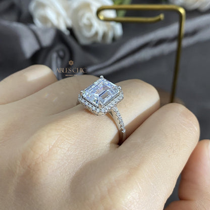 Bague de fiançailles halo taille émeraude R0922