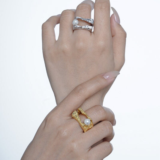 Bague Perle Motif Martelé R1099