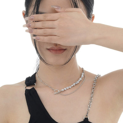 Collier multi-chaînes baroque rose N1016