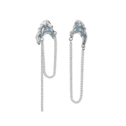 Boucle d'oreille longue chaîne en émail bleu E1126