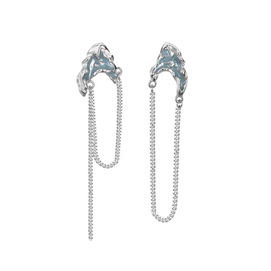 Boucle d'oreille longue chaîne en émail bleu E1126
