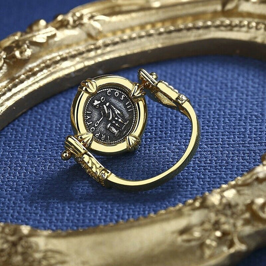 Bague en forme de pièce de monnaie grecque avec halo CZ, R1003