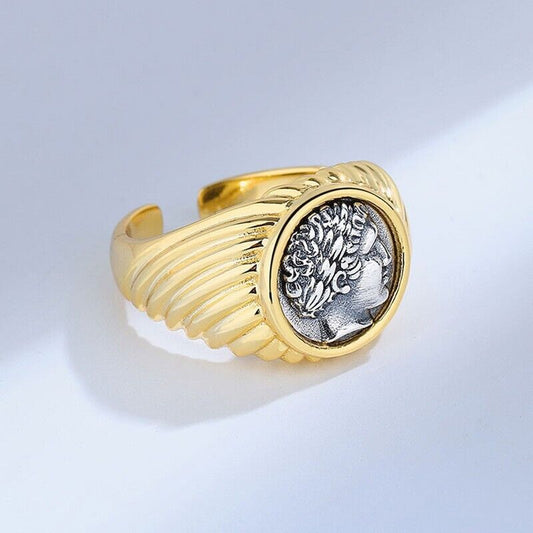 Bague de pièce de monnaie ancienne à motifs épais Apollo R1073