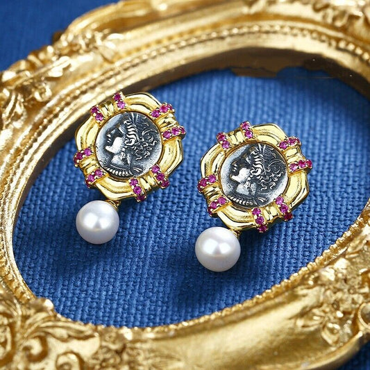 Boucles d'oreilles en forme de pièce de monnaie ancienne en tannite de Carthage E1001