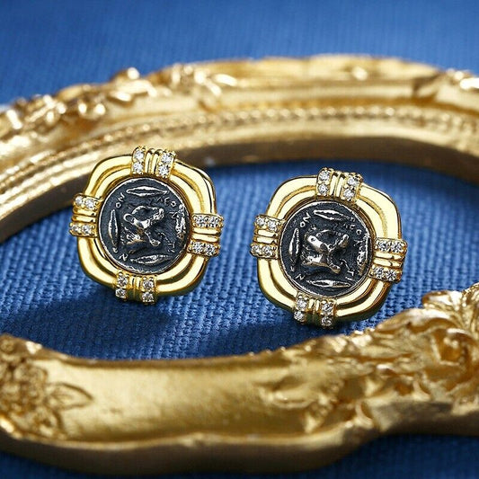 Boucles d'oreilles en pièces de monnaie grecques Lion rugissant E1015