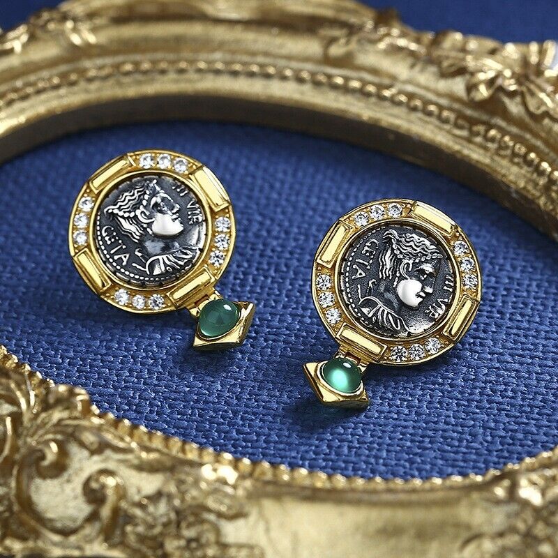 Boucles d'oreilles en agate de Diane, pièce de monnaie romaine, E1019