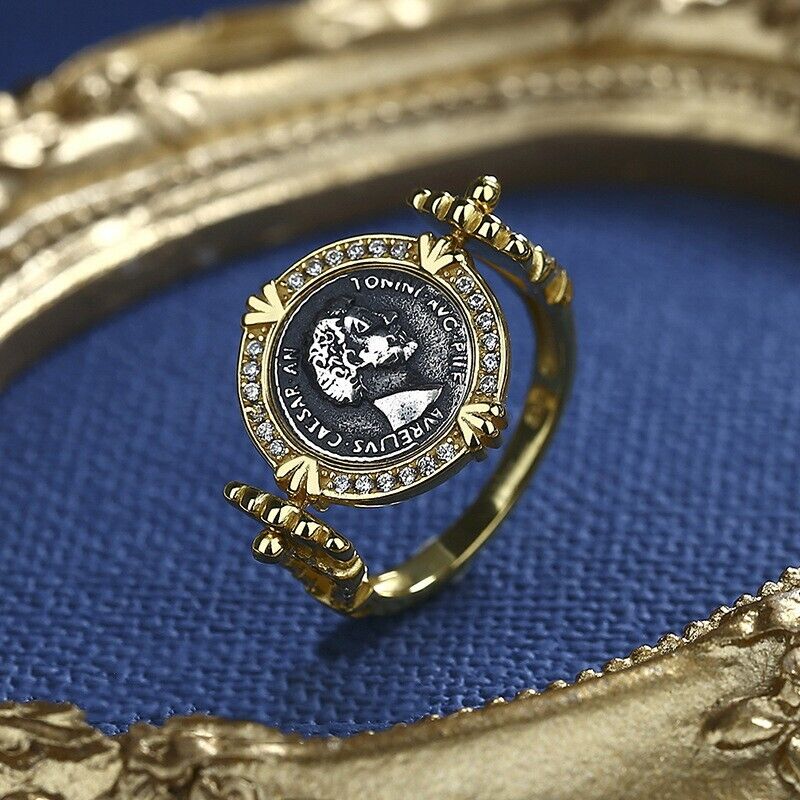 Bague en forme de pièce de monnaie grecque avec halo CZ, R1003