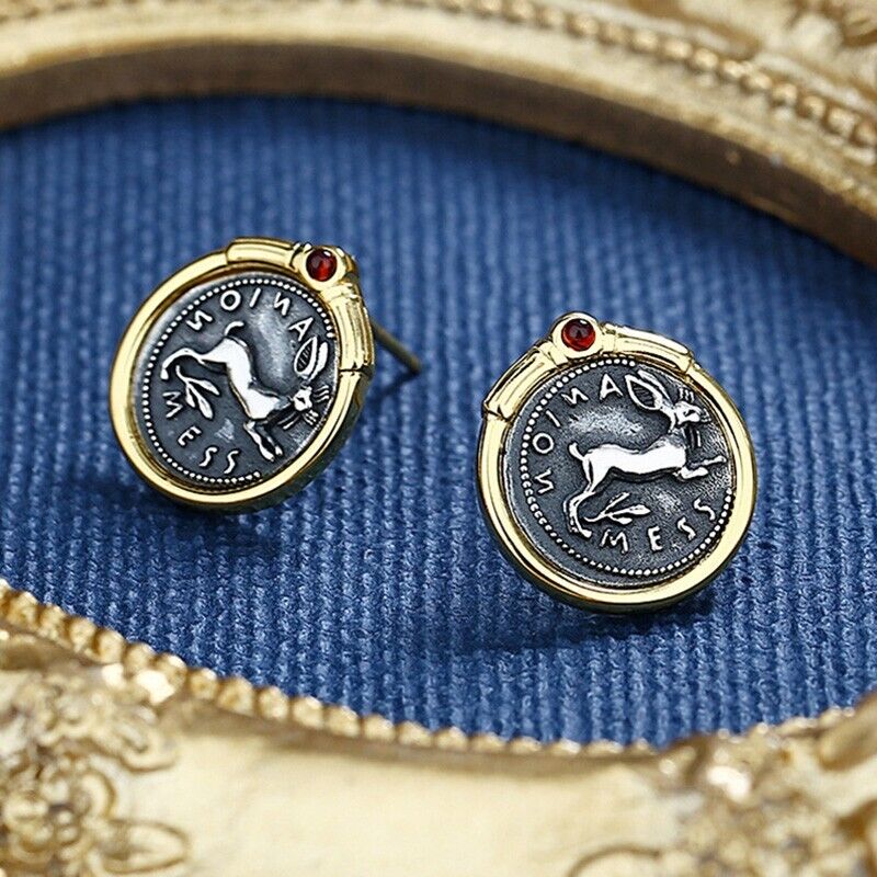 Boucles d'oreilles en forme de lapin sicilien et pièce de monnaie grecque E1002