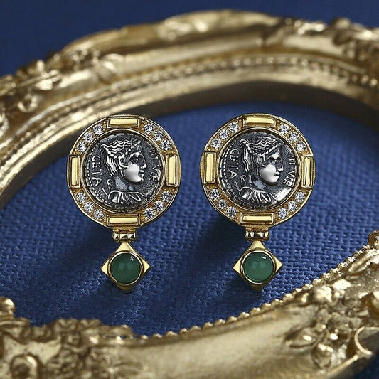 Boucles d'oreilles en agate de Diane, pièce de monnaie romaine, E1019