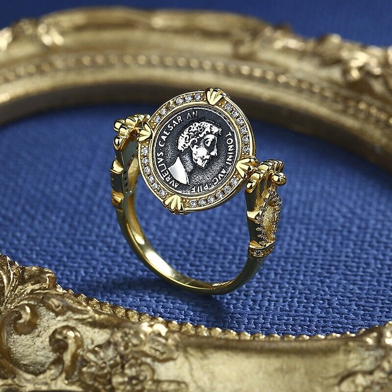 Bague en forme de pièce de monnaie grecque avec halo CZ, R1003