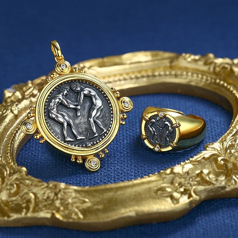 Bague de réplique de pièce de monnaie grecque de lutteur pamphylien R1066