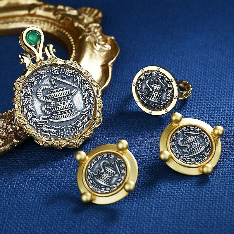 Boucles d'oreilles en pièces de monnaie grecques serpent de Pergame E1014