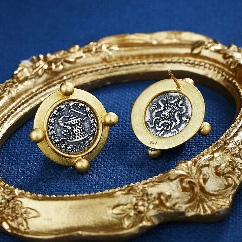 Boucles d'oreilles en pièces de monnaie grecques serpent de Pergame E1014