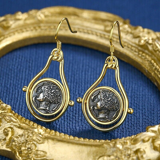 Boucles d'oreilles rotatives en pièce de monnaie grecque Arethusa E1051
