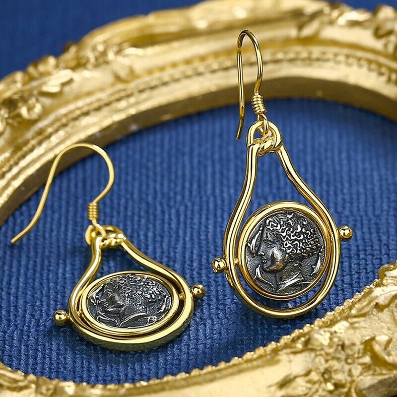 Boucles d'oreilles rotatives en pièce de monnaie grecque Arethusa E1051