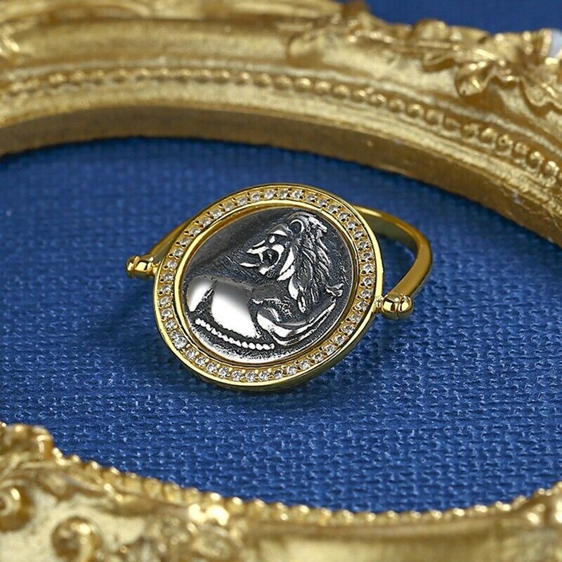 Bague à monnaie grecque CZ Halo Lion Flip R1059