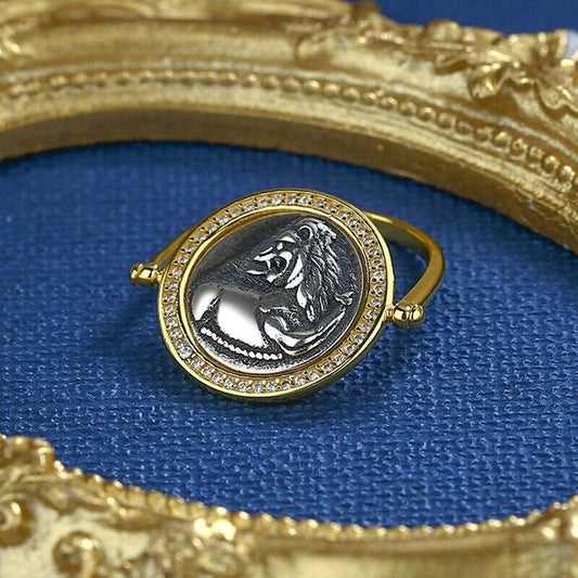Bague à monnaie grecque CZ Halo Lion Flip R1059