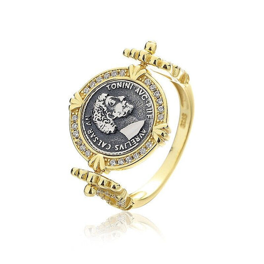 Bague en forme de pièce de monnaie grecque avec halo CZ, R1003