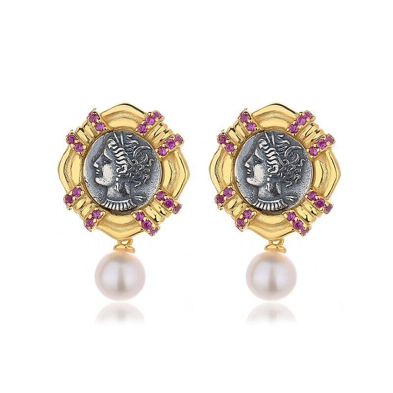 Boucles d'oreilles en forme de pièce de monnaie ancienne en tannite de Carthage E1001