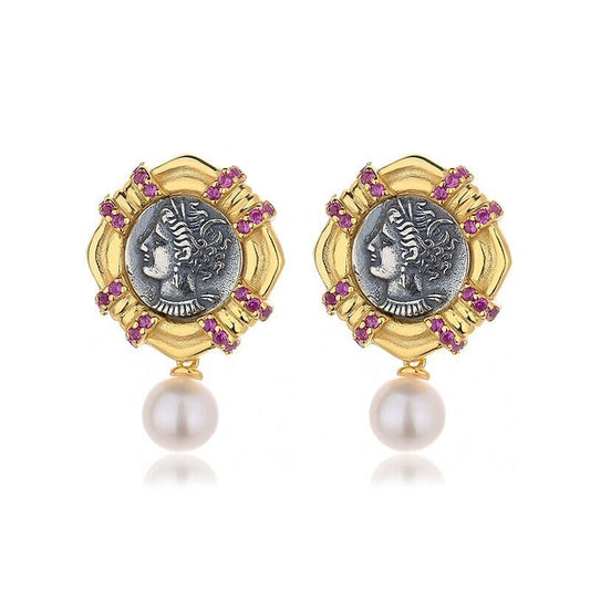 Boucles d'oreilles en forme de pièce de monnaie ancienne en tannite de Carthage E1001