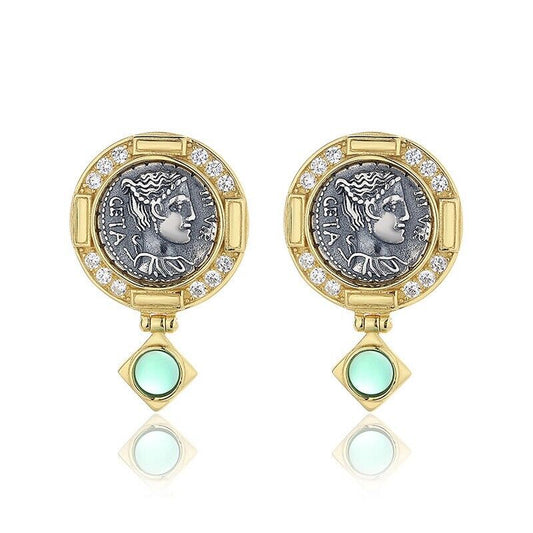 Boucles d'oreilles en agate de Diane, pièce de monnaie romaine, E1019