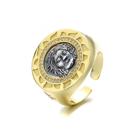 Bague grecque Hélios avec pièce de monnaie romaine R1018