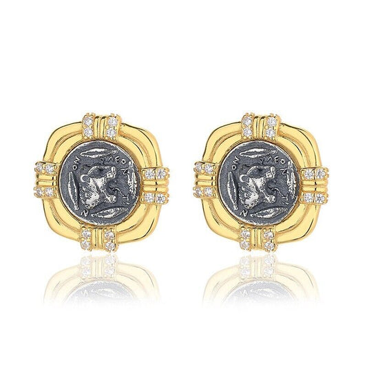 Boucles d'oreilles en pièces de monnaie grecques Lion rugissant E1015