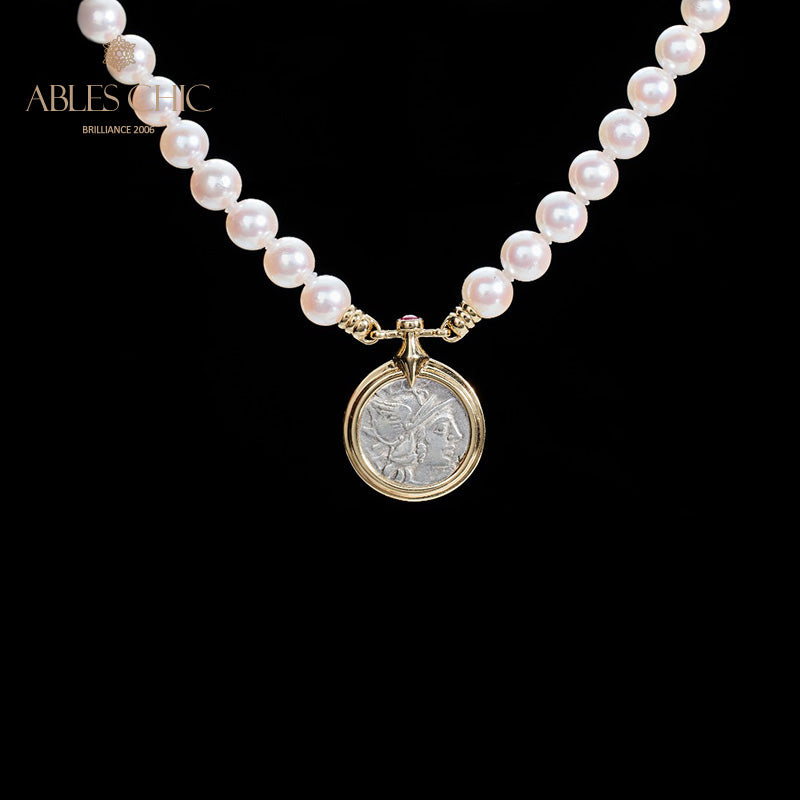 Collier de perles Akoya avec pièce de monnaie byzantine Athéna