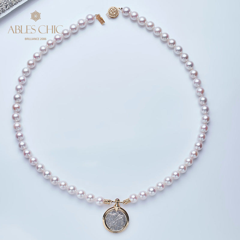 Collier de perles Akoya avec pièce de monnaie byzantine Athéna