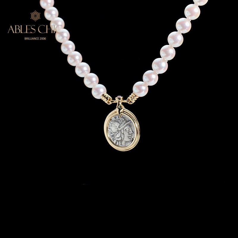 Collier de perles Akoya avec pièce de monnaie byzantine Athéna