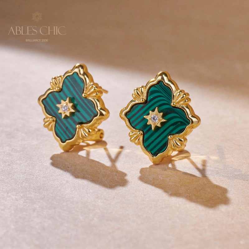 Boucles d'oreilles malachite trèfle turquoise 5789