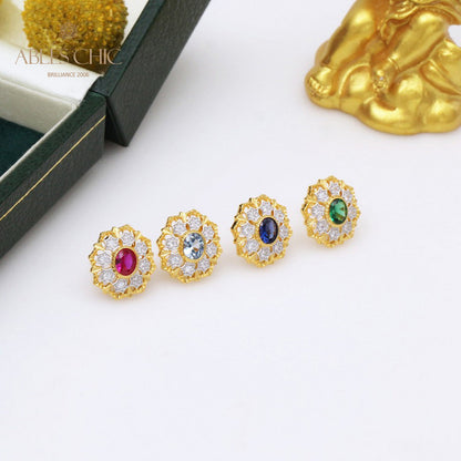Boucles d'oreilles rubis solitaire fleur filigrane 5394