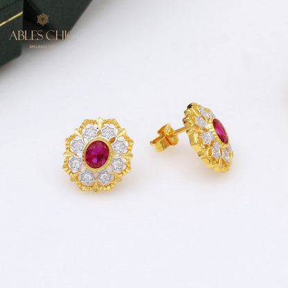 Boucles d'oreilles rubis solitaire fleur filigrane 5394