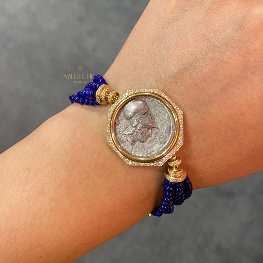 Bracelet Lapis multi-brins avec pièces de lire anciennes