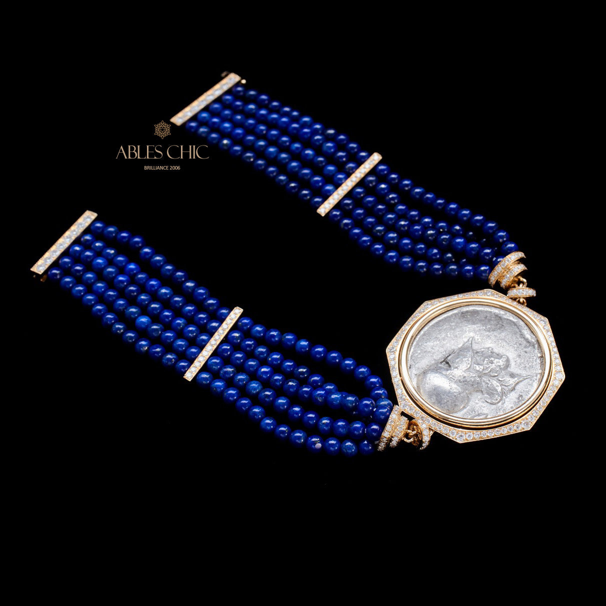 Bracelet Lapis multi-brins avec pièces de lire anciennes