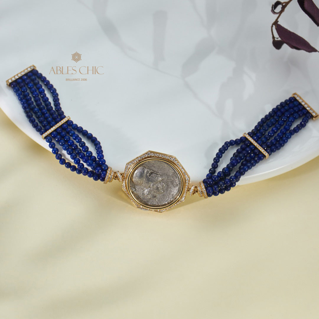 Bracelet Lapis multi-brins avec pièces de lire anciennes