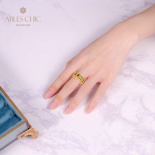 Bague ouverte florale ajourée émeraude 6046