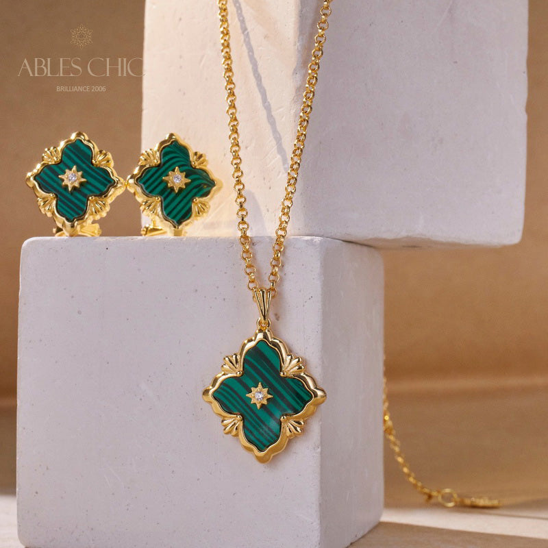 Boucles d'oreilles malachite trèfle turquoise 5789